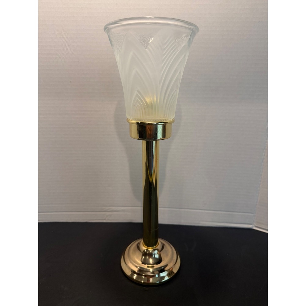 PartyLite Brass Tone Candlestick Holder Frosted Glass Hurricane Shade 13.5in